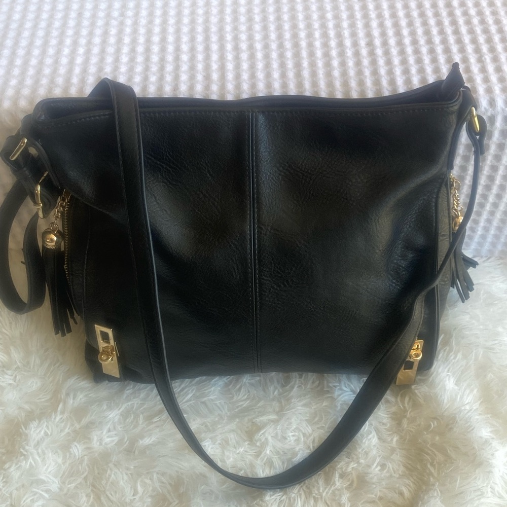 MMS Black Leather Design Studio Crossbody Bag With Gold Trim